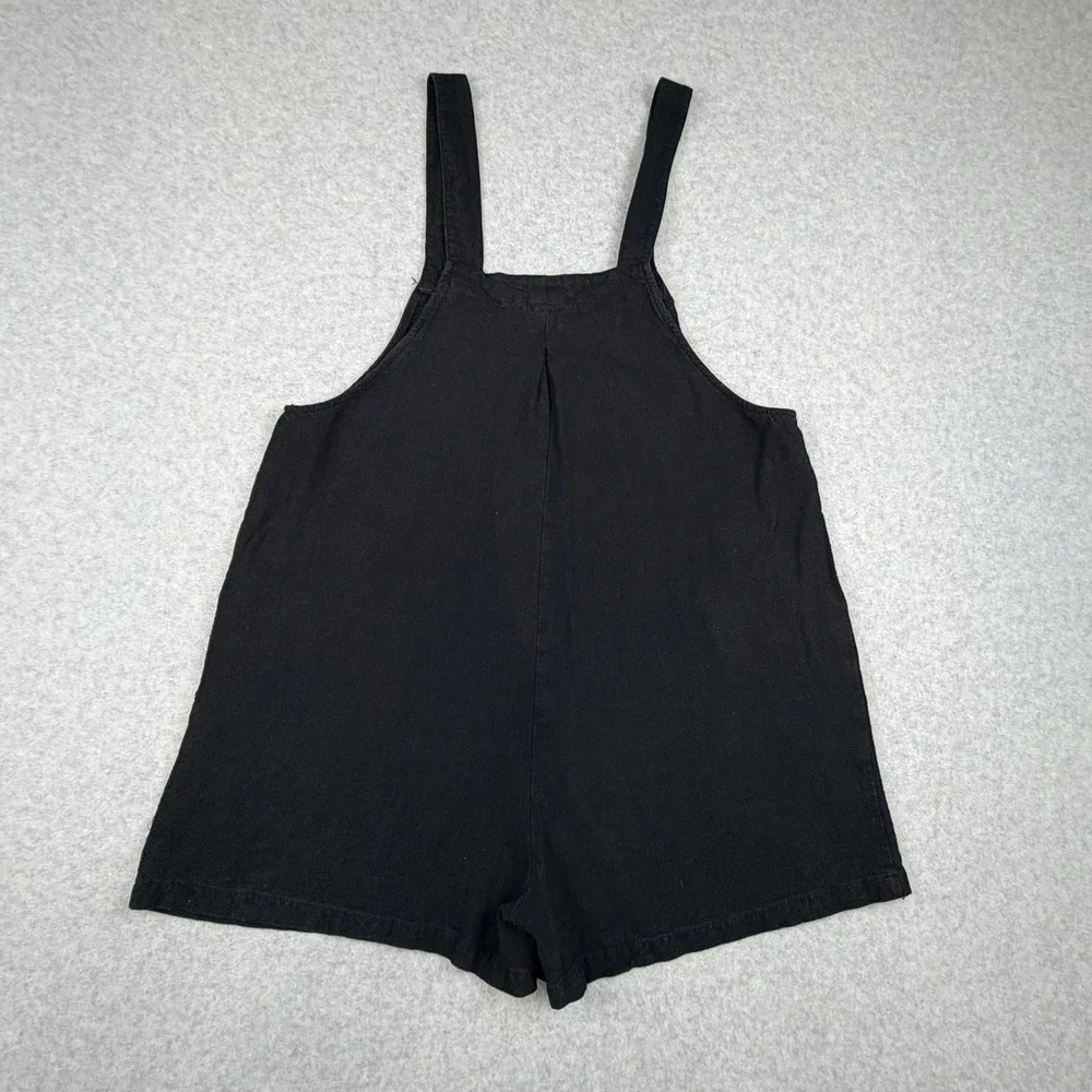 Anrabess Womens Large Black Linen Blend Short Overalls Adjustable Romper Pockets